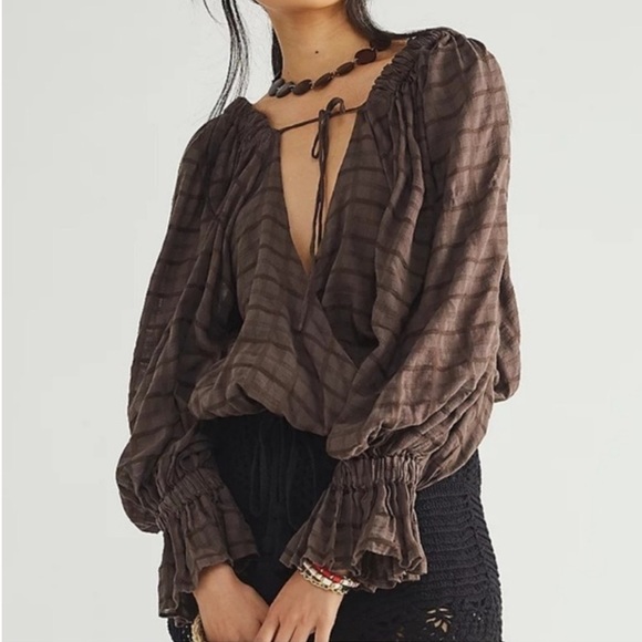 Free People Womens Kylie Reversible Horseshoe Brown Check Blouse Boho Small - Picture 1 of 8